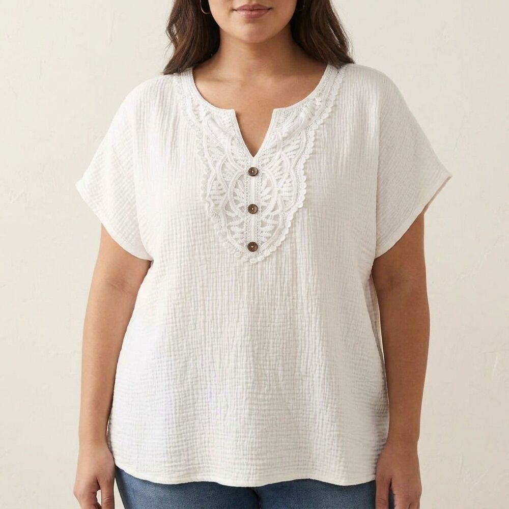 Womens Size XXL White Gauze Cotton Crochet Lace Split V-Neck Short Sleeve Top